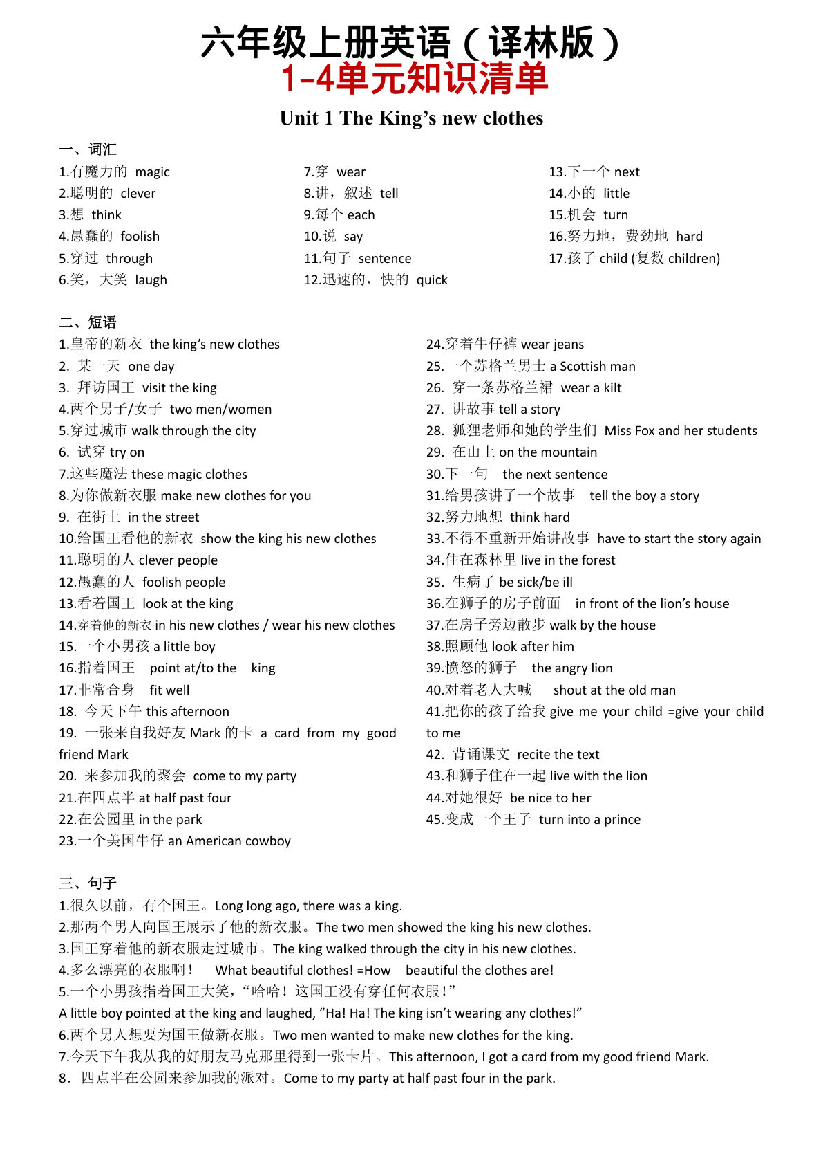 六年级上册译林版英语【1-4单元知识清单】
