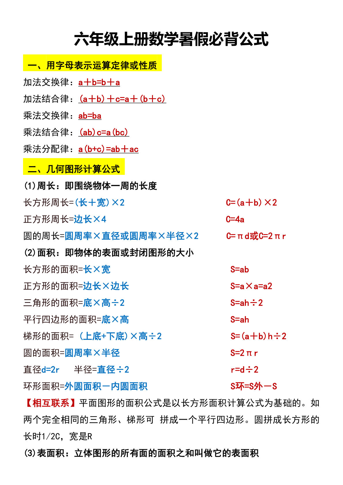 六上册升六数学【暑假预习必背公式】