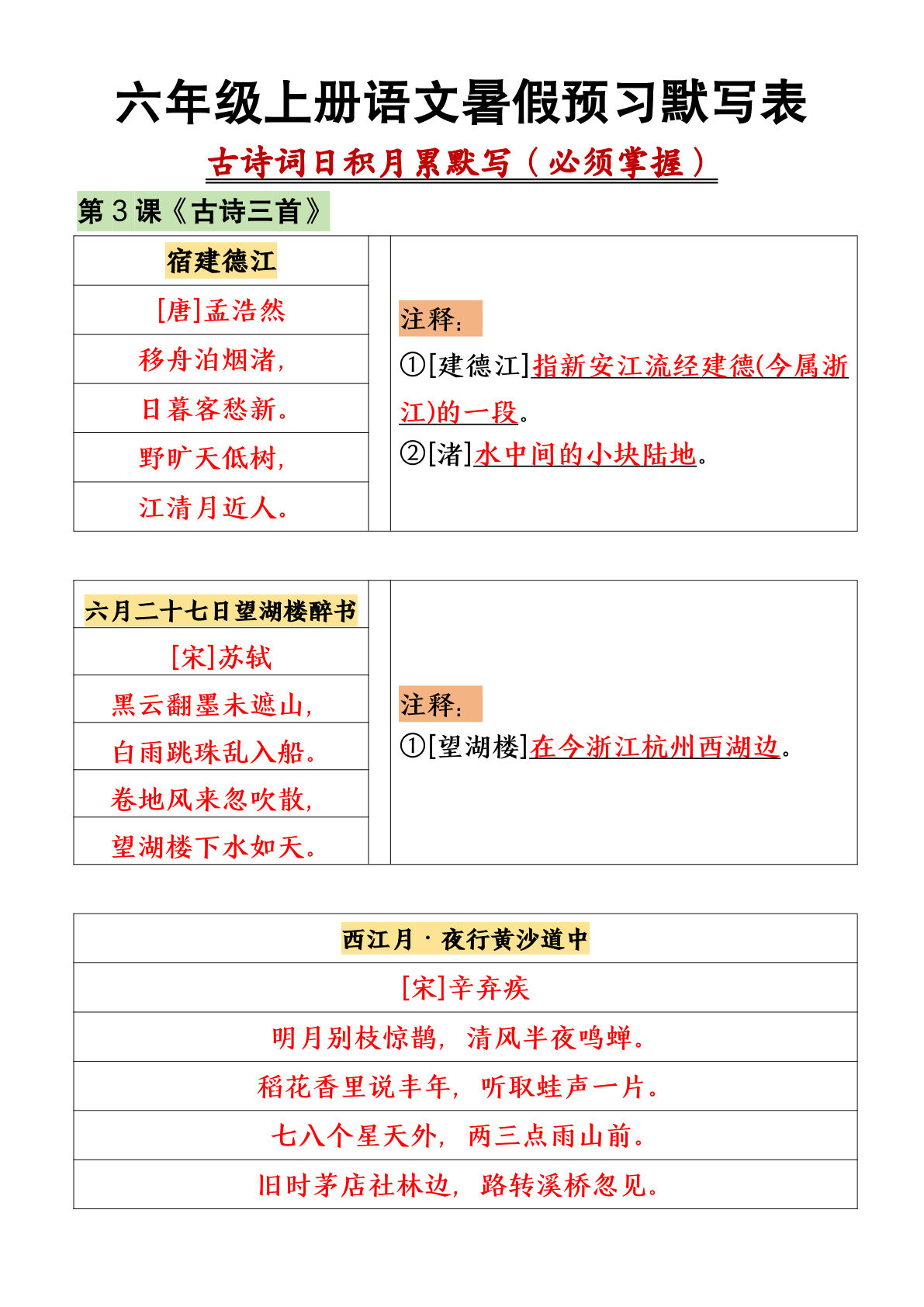 六年级上册语文【暑假预习默写表（古诗词日积月累默写）（空白+答案）】