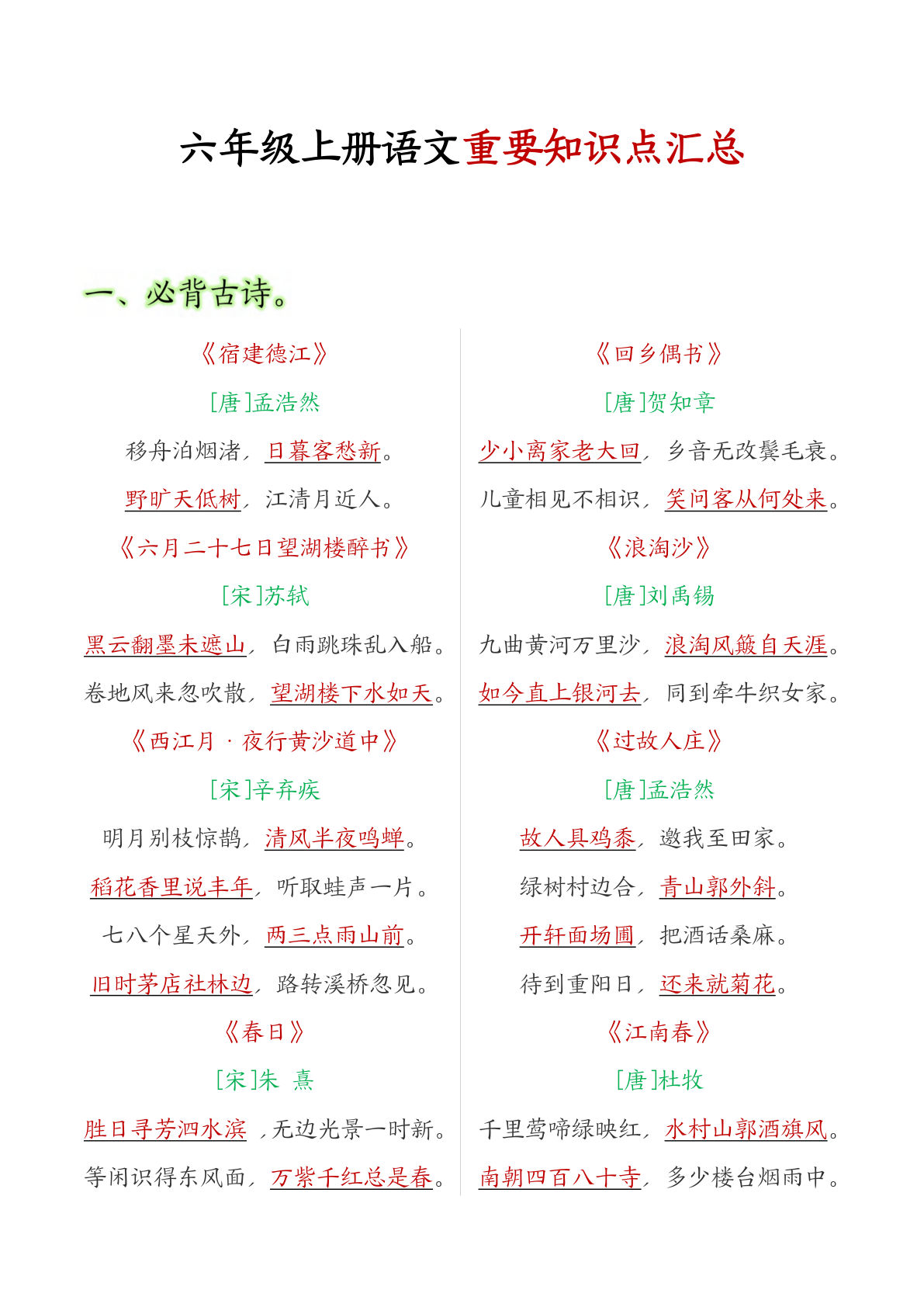 六年级语文上册全册重点知识点汇总