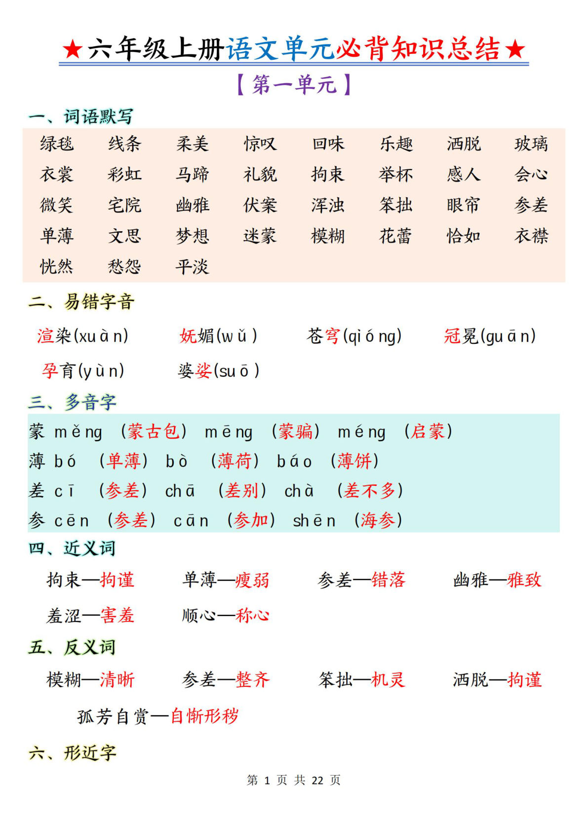 六年级上册语文1-8单元必背知识总结22页