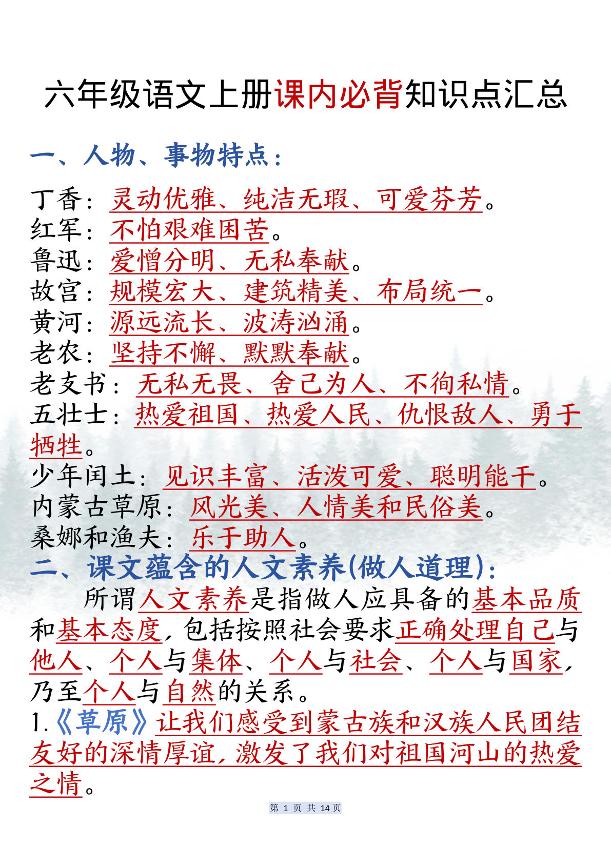 六年级上册语文课内必背知识点汇总（共14页）