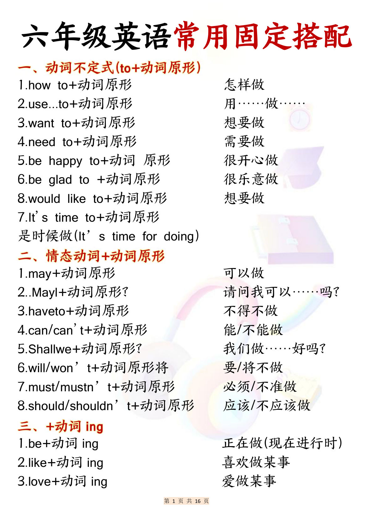 六上册年级英语常用固定搭配16页