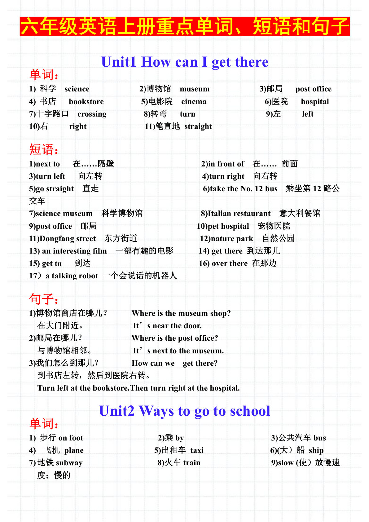 六年级上册通用版英语【全册重点单词、短语和句子总结】