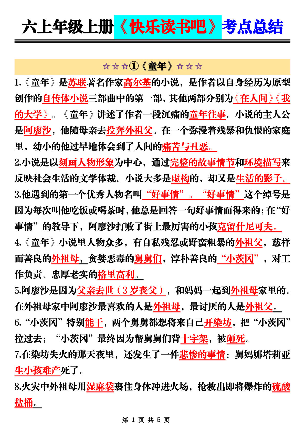 六年级上册快乐读书吧考点总结