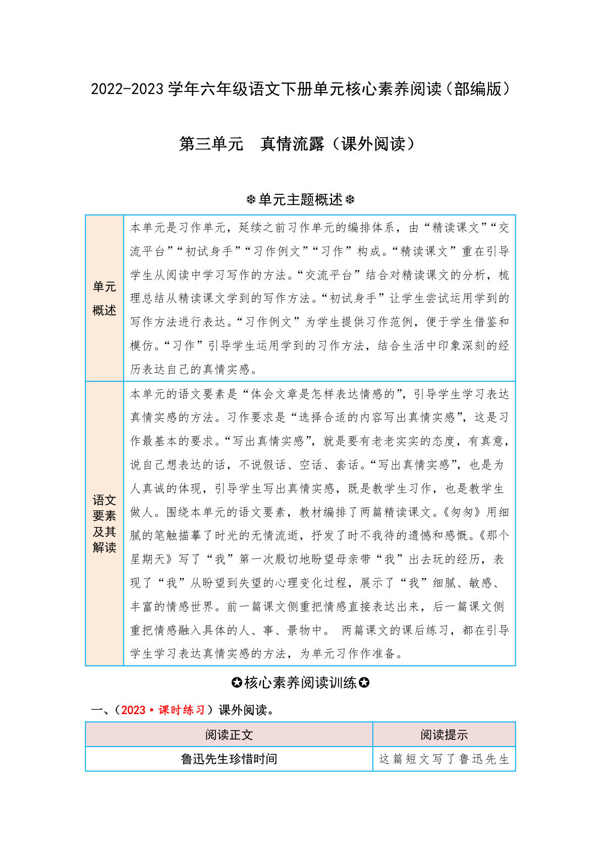 【第三单元-核心素养阅读-真情流露（课外阅读）】六年级下册语文