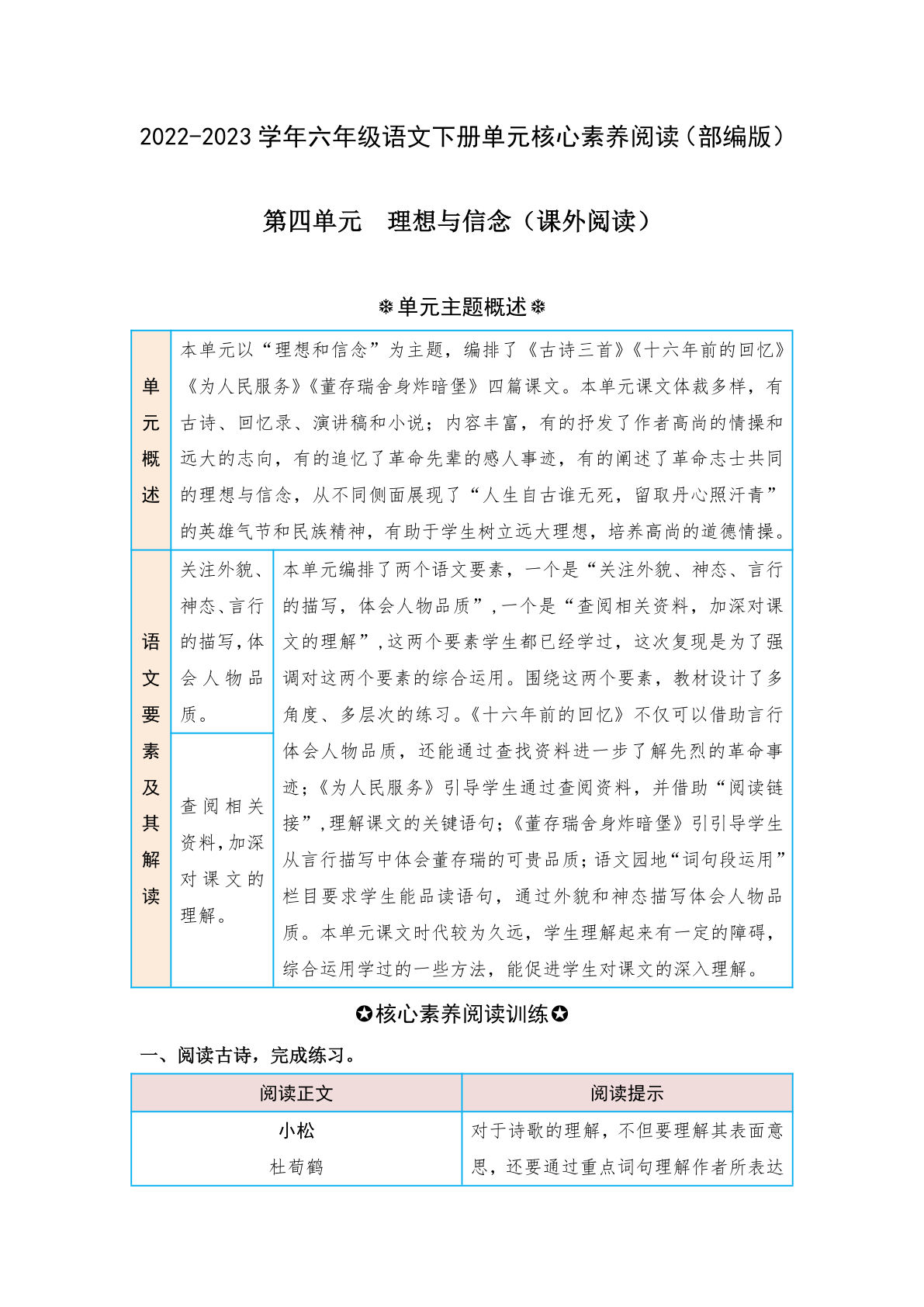 【第四单元-核心素养阅读-理想和信念（课外阅读）】六年级下册语文