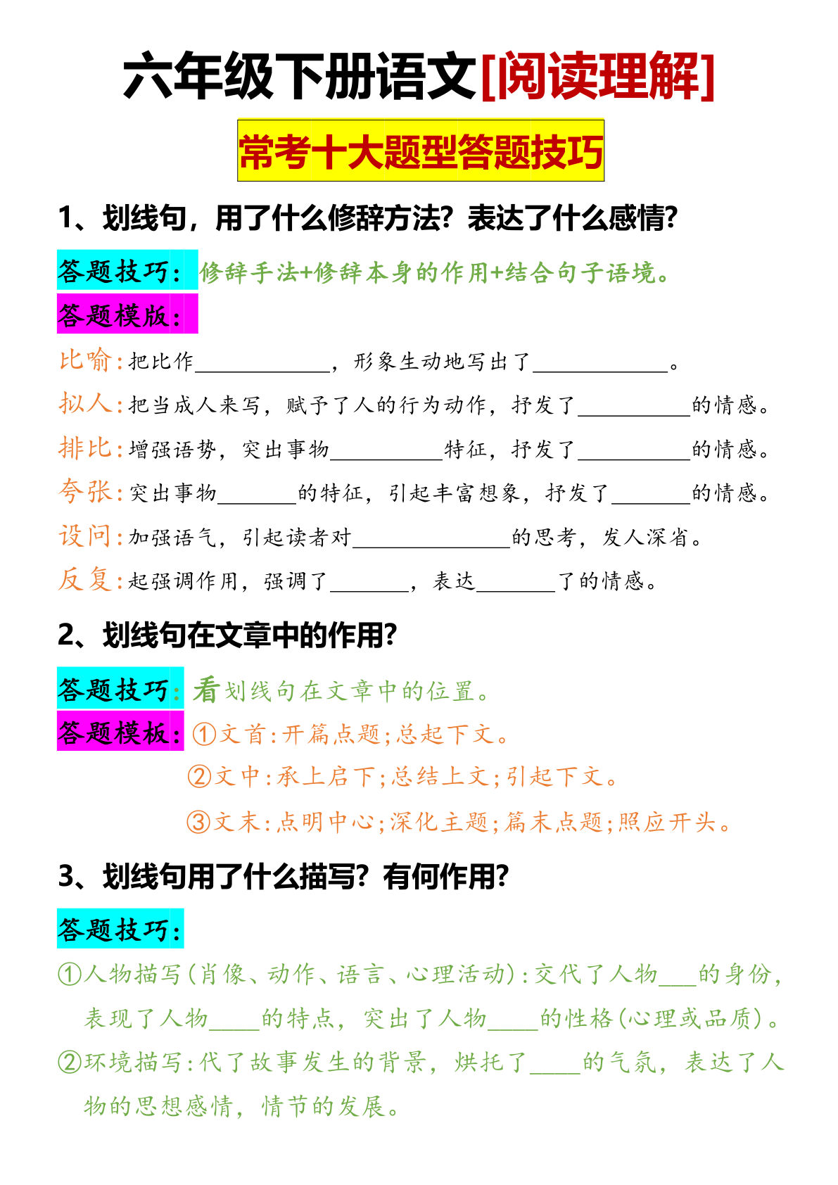 六下册【阅读理解常考题型答题技巧】4-6年级语文