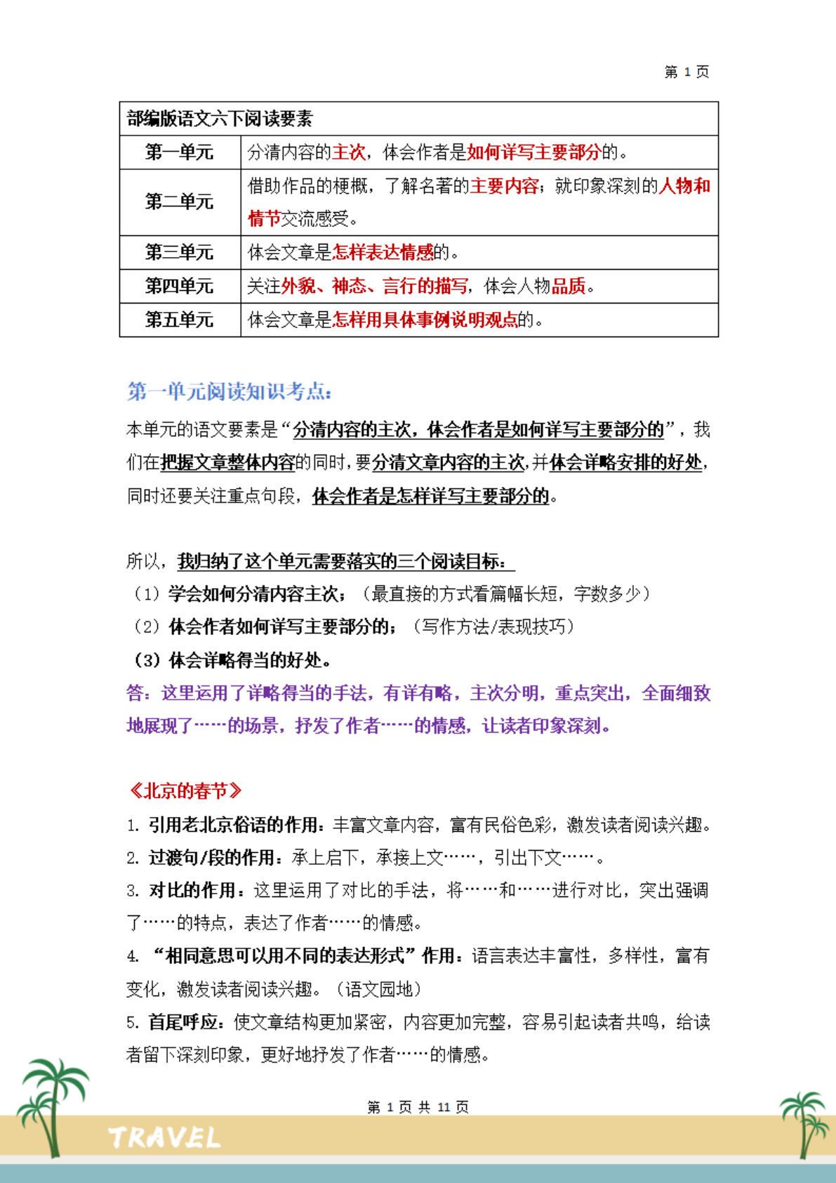 【阅读要素-阅读知识考点】六年级下册语文