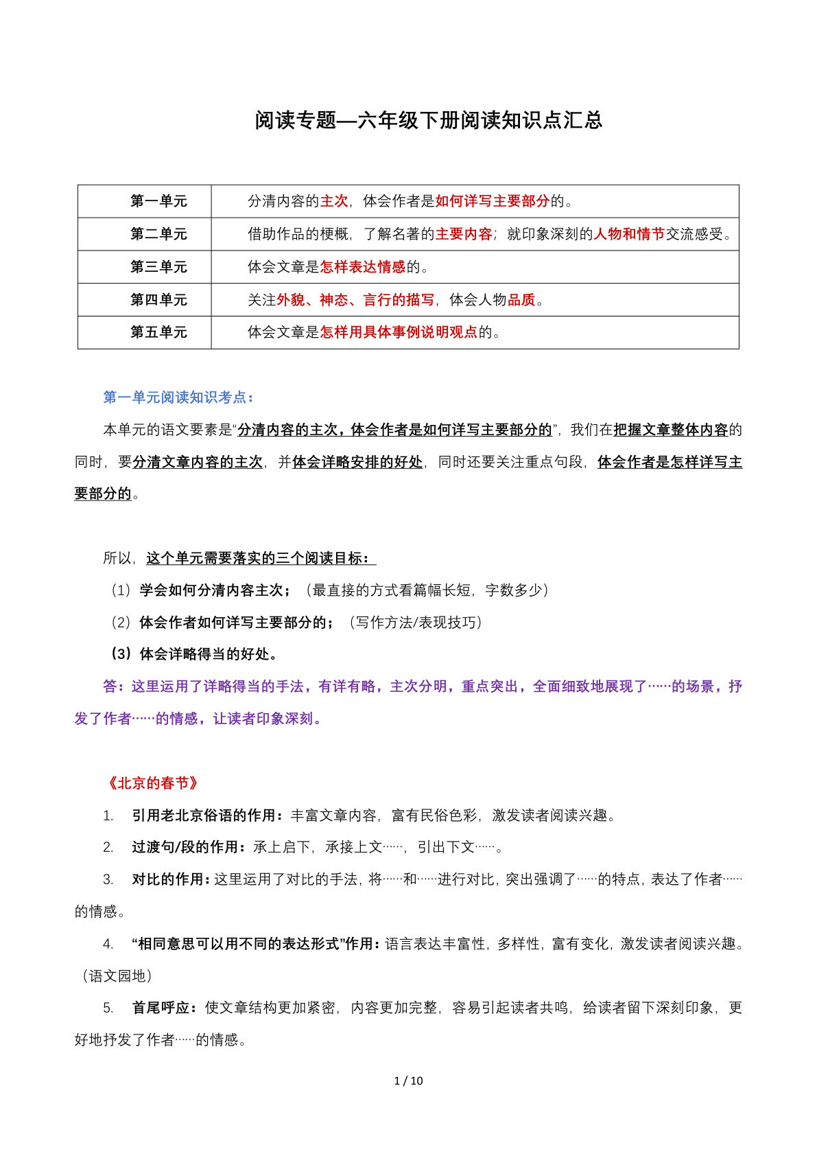 【阅读知识点汇总】六年级下册语文