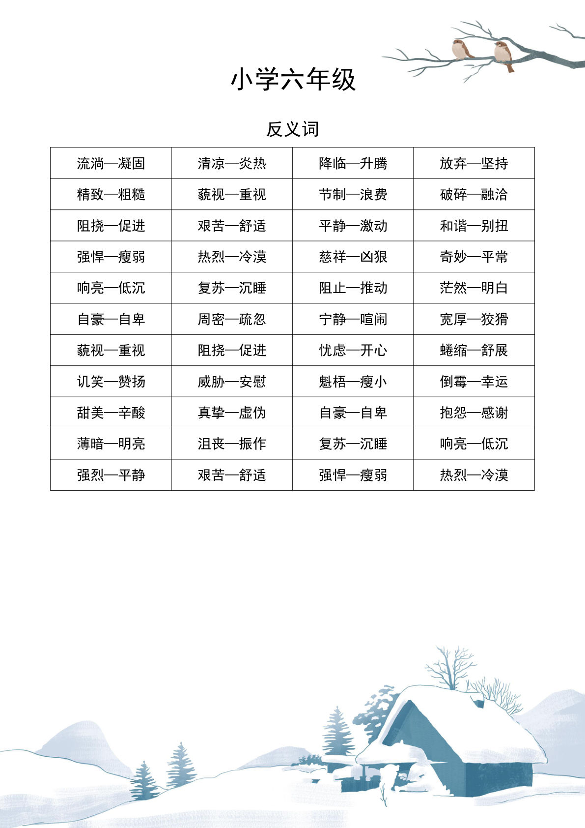 【近义词和反义词汇总】六年级下册语文