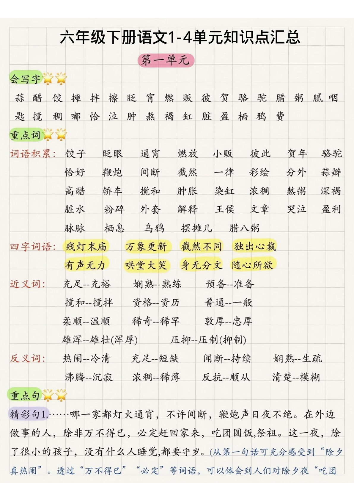 六年级下册语文1-4单元知识点汇总