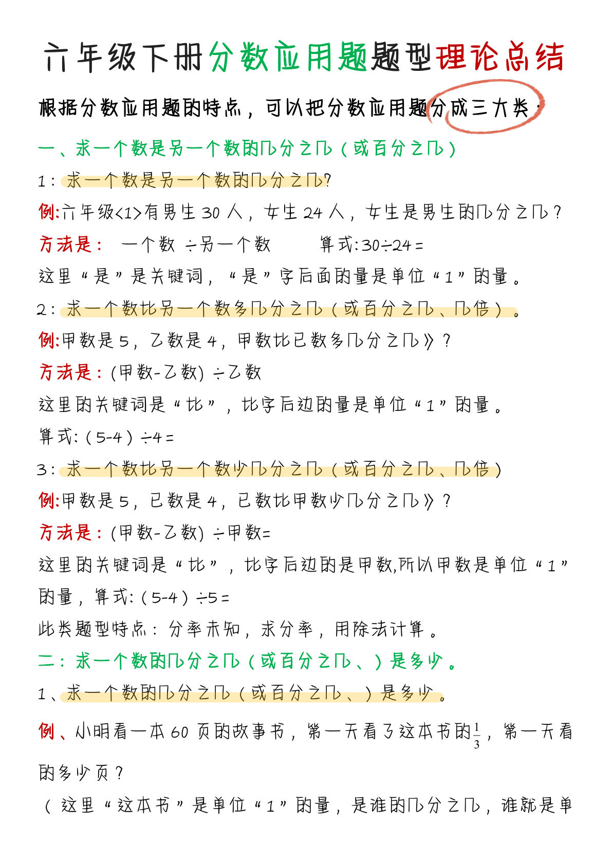 六年级下册北师版数学【分数应用题题型理论总结】