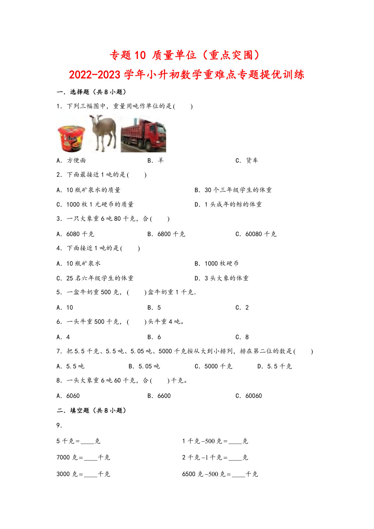 六年级下册苏教版专题10 质量单位（重点突围）