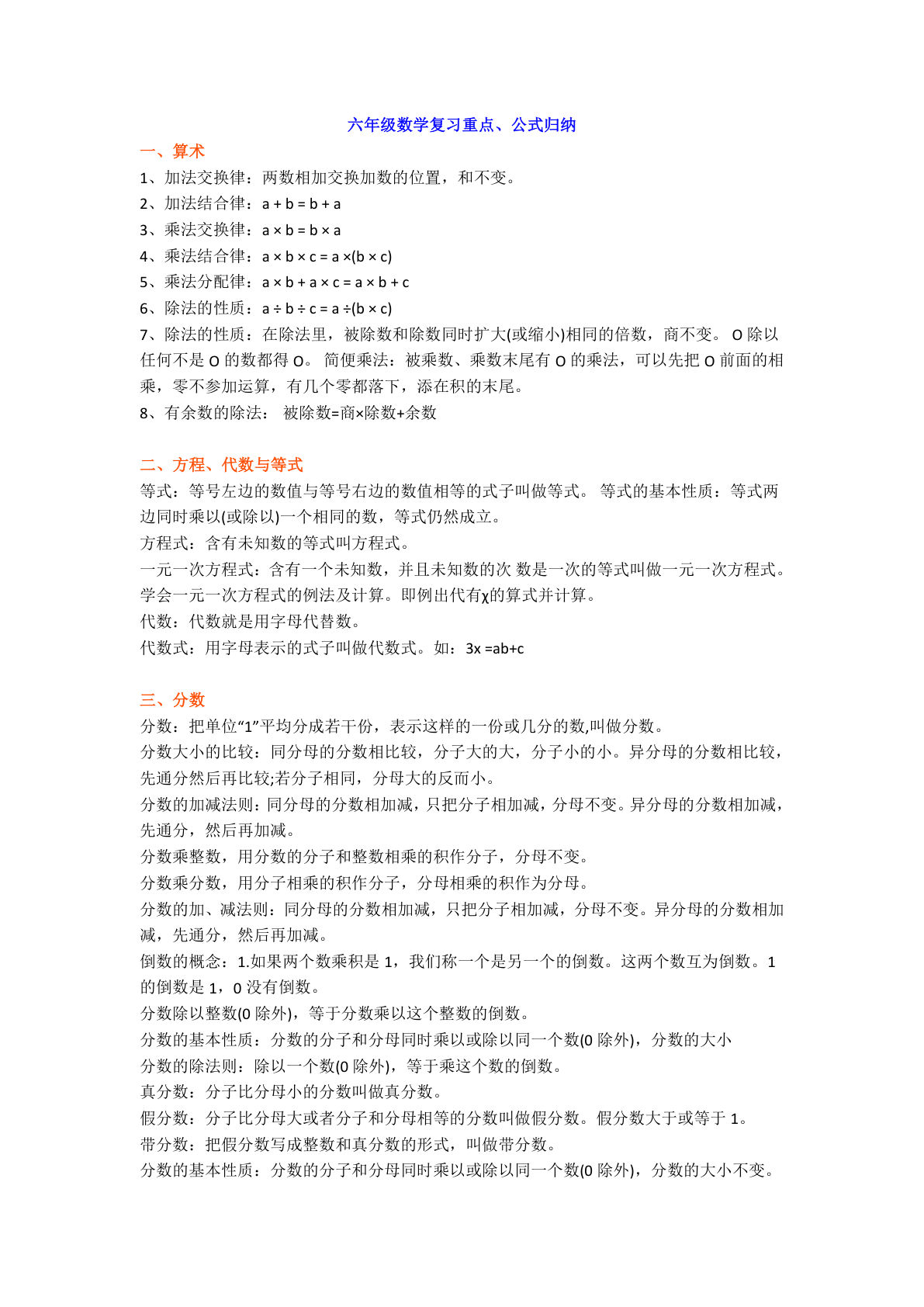 六年级下册数学【复习的重点公式归纳整理】