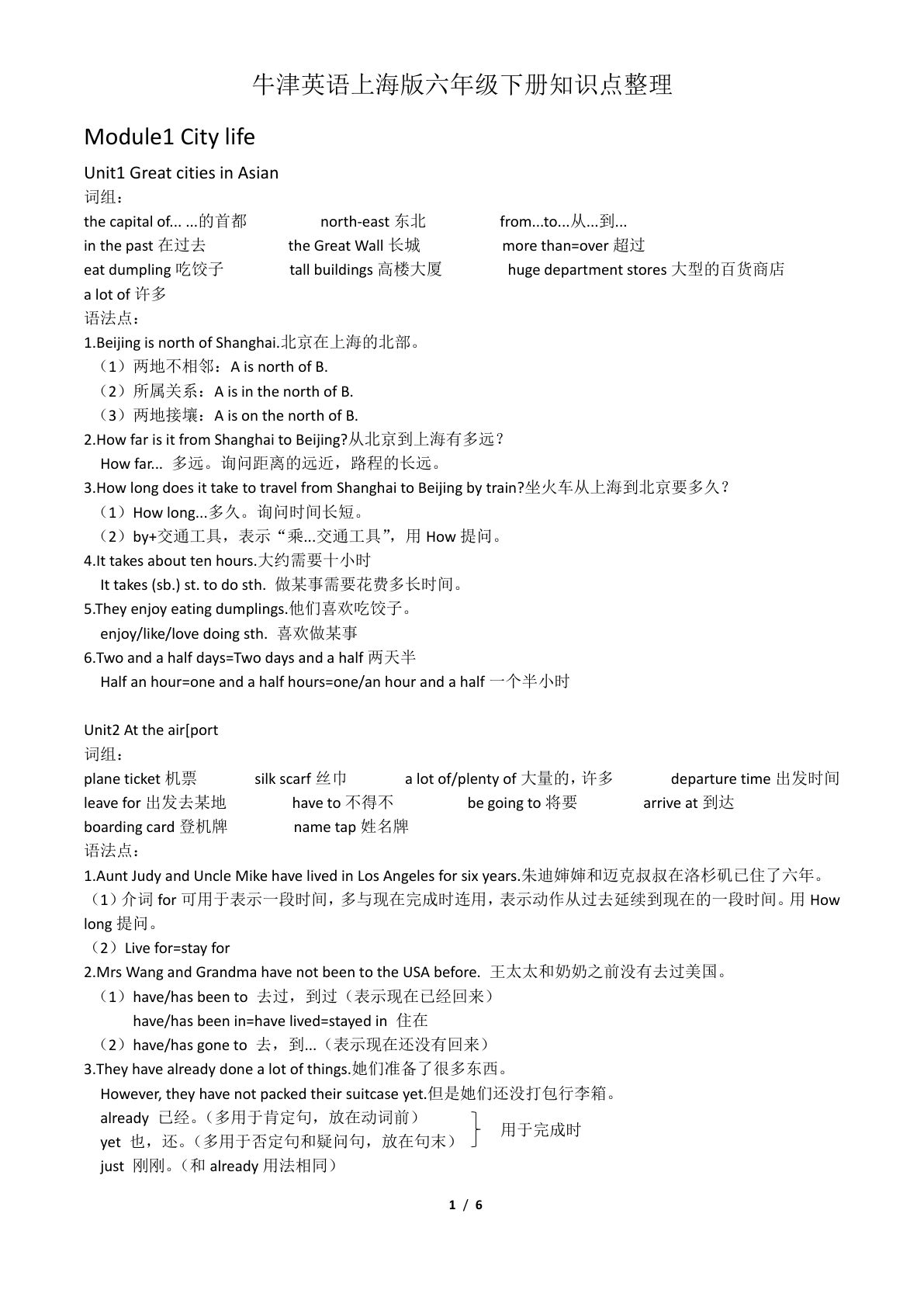 六年级下册牛津上海版英语【知识点汇总】