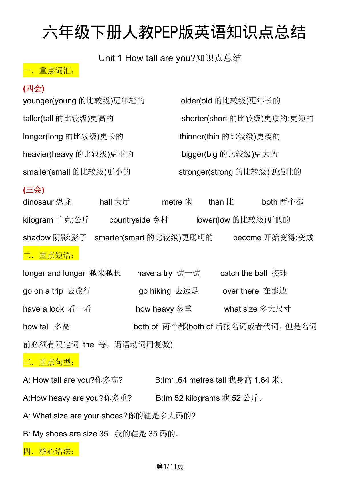 六年级下册人教PEP版英语【单元知识点总结】