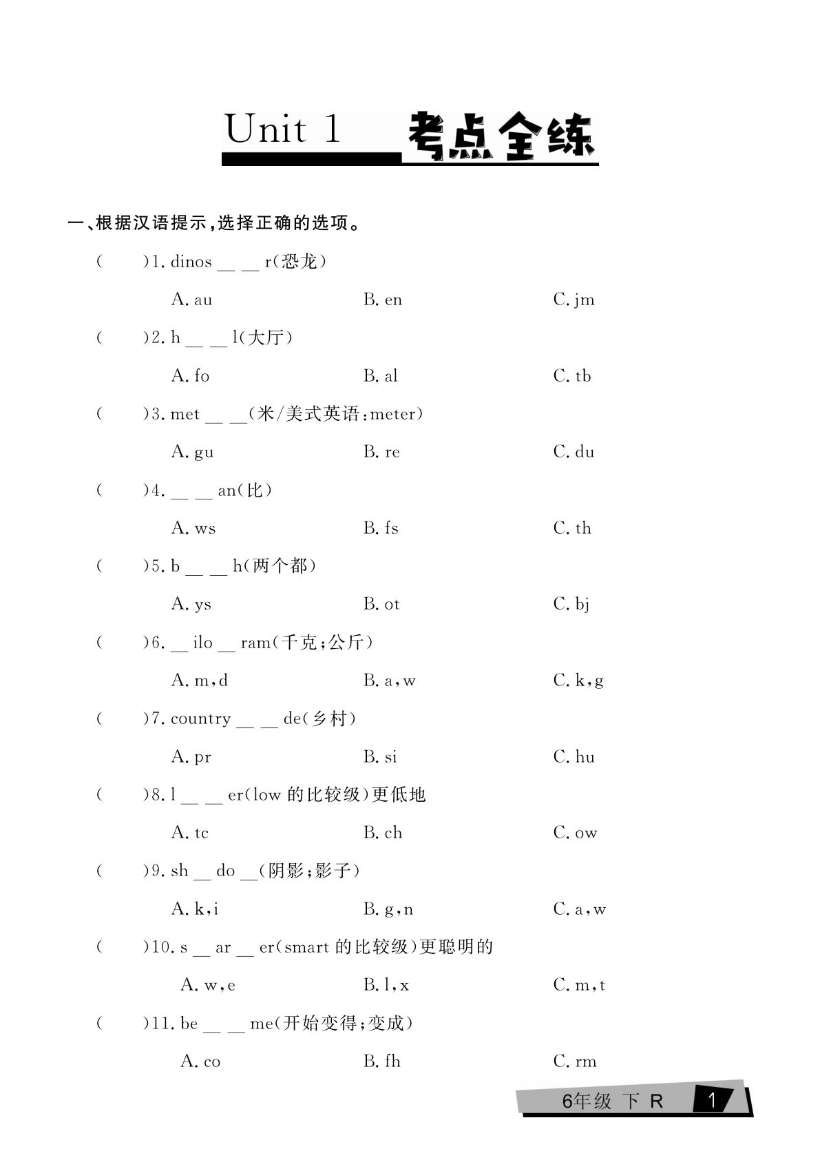 六年级下册人教PEP版英语【复习《考点全练》】