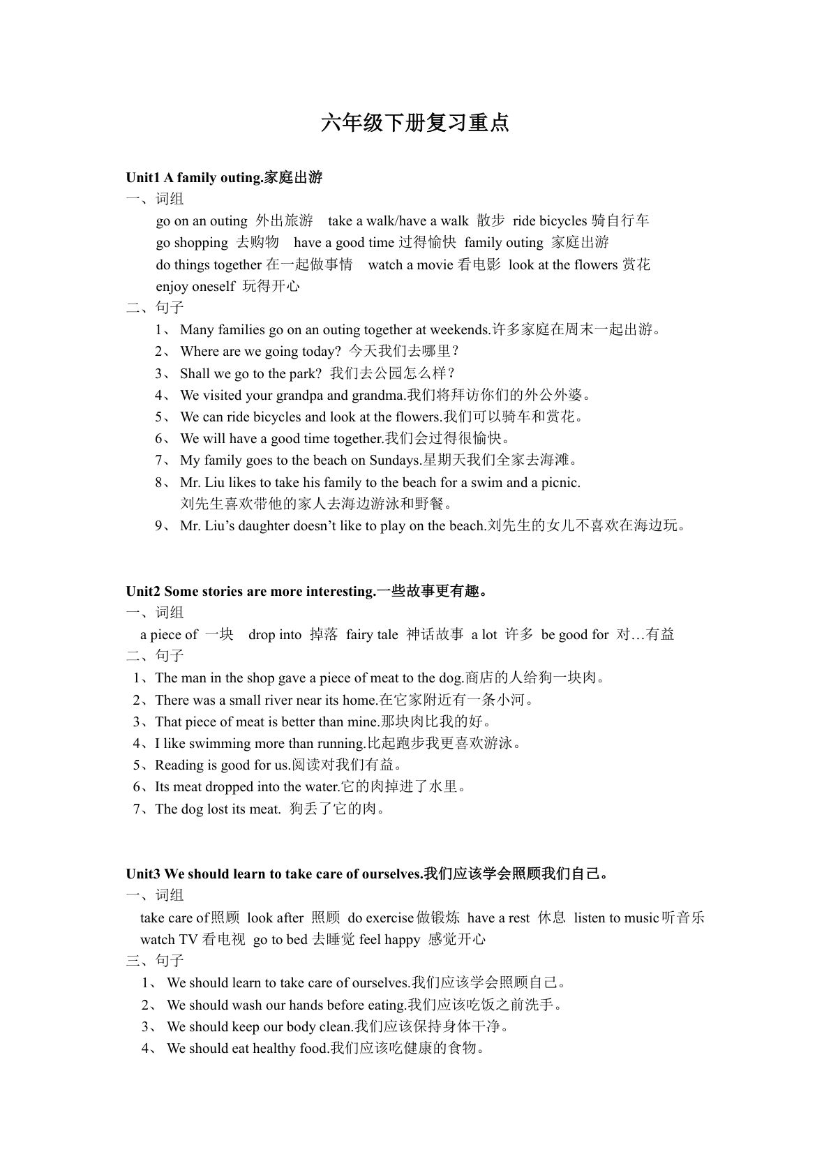 六年级下册湘少版英语【复习重点】