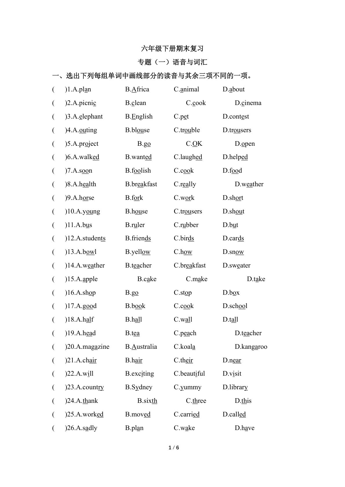 六年级下册译林版英语【期末复习专题（一）语音与词汇】