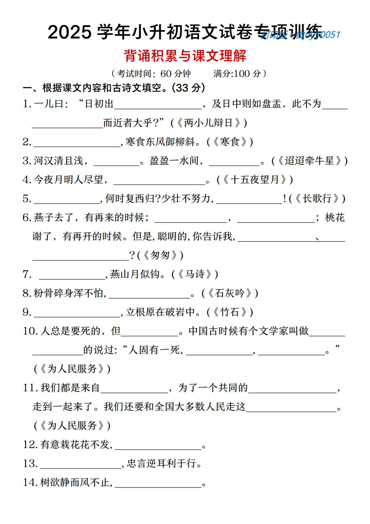 2025学年六年级下册语文试卷专项训练背诵积累与课文理解