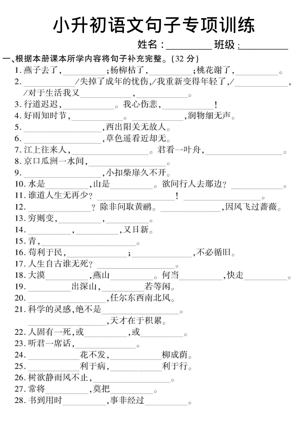 六年级下册语文句子专项训练