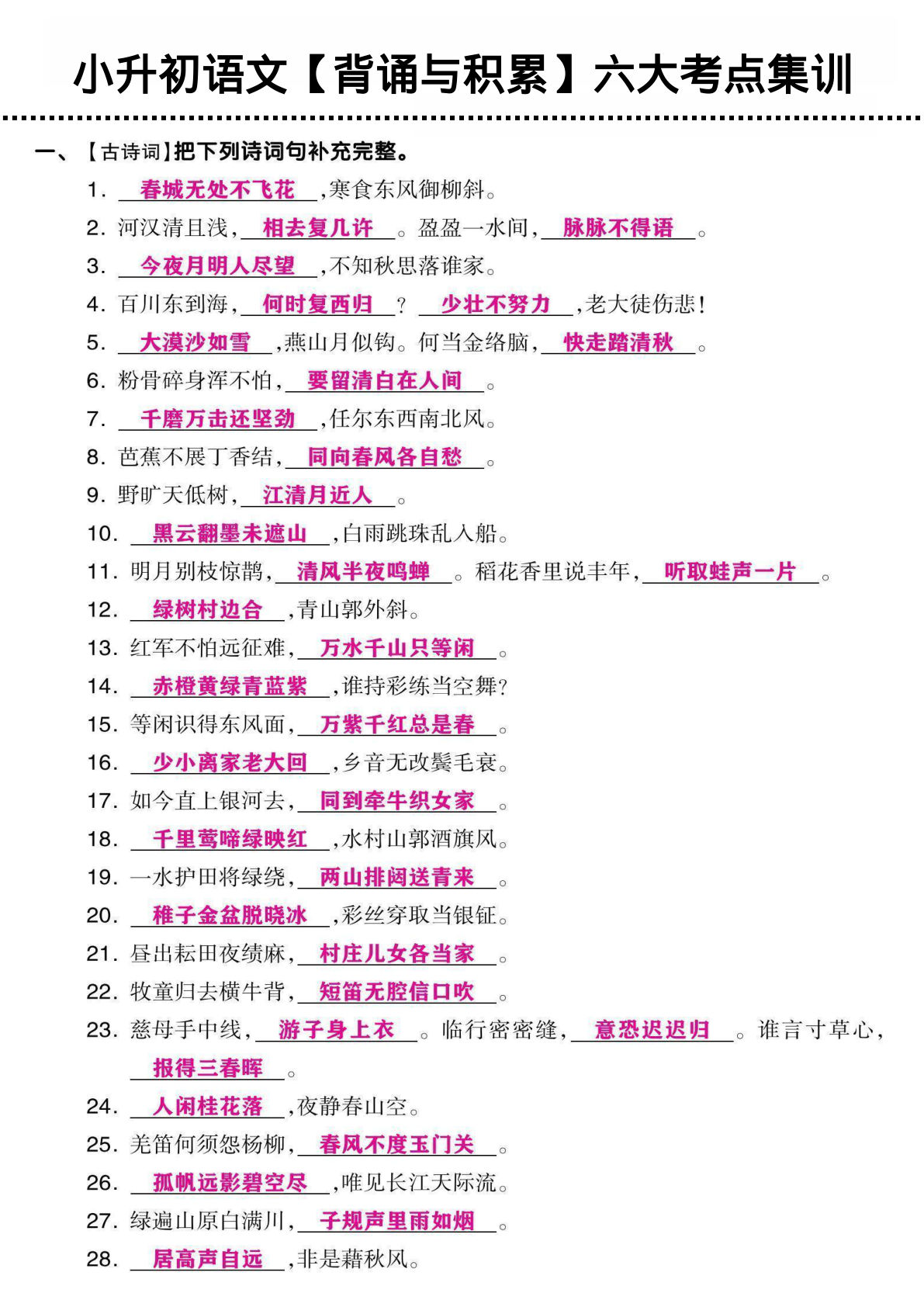 六年级下册语文【背诵与积累】六大考点集训