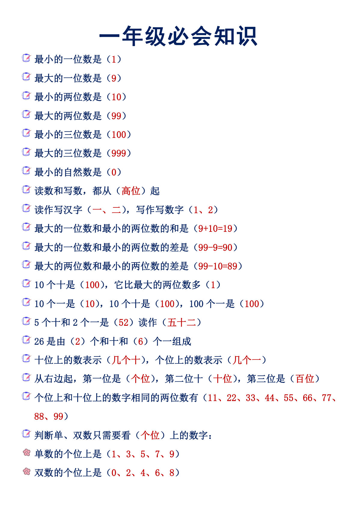 一年级必会数学知识